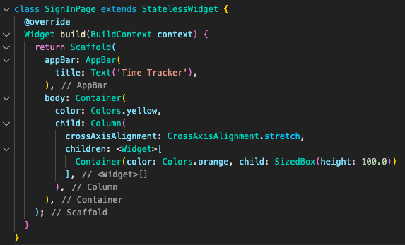 'A closing hierarchy reminder is added automatically as a code comment by a code linter when using the Dart language in the Flutter ecosystem (screenshot taken in the VS Code IDE).'