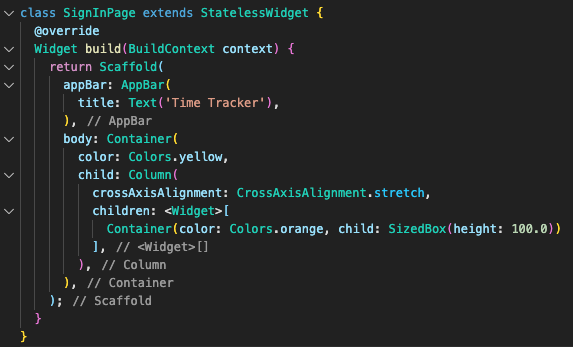 'A closing hierarchy reminder is added automatically as a code comment by a code linter when using the Dart language in the Flutter ecosystem (screenshot taken in the VS Code IDE).'